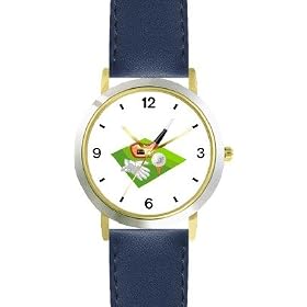 Golf Icon Montage - Club, Golf Ball on Tee, Glove - Golf Theme - WATCHBUDDY® DELUXE TWO-TONE THEME WATCH - Arabic Numbers - Blue Leather Strap-Children's Size-Small ( Boy's Size & Girl's Size )