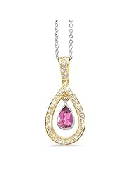 Twin Pear Shaped Diamond Pendant In 18K Yellow Gold With A 0.60 ct. Genuine Pink Tourmaline Center Stone.