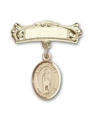 14K Gold Baby Badge with St. Samuel Charm and Arched Polished Badge Pin