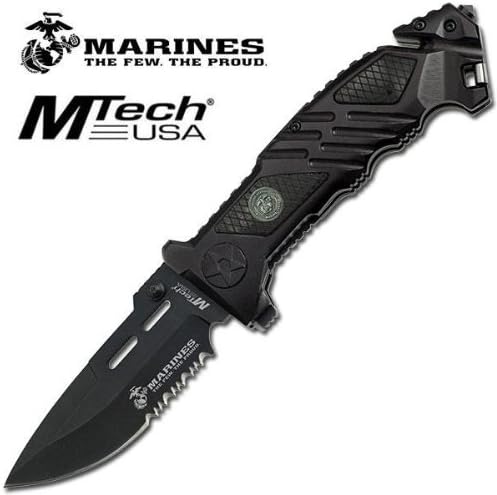M-tech All Metal Heavy Duty Marine Rescue Knife Iron Mike Officially Licensed Usmc Knife Black Anodized Aluminum Handles with Built in Seatbelt / Line Cutter, Metal Clip on Back Handles Have Pakawood Inserts on Both Sides Window Break on the End Marine Insignia on Front Handle, Usmc on Metal Clip Marines the Few the Proud Printed on Blade 440 Stainless Steel Blade with Blac Finish, Sharp One Hand Opening for Left or Right Hand Open Length: 8-7/8" Closed Length: 5-1/8" Blade Length: 3-3/4"