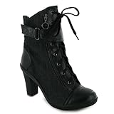 04q New Ladies Black Denim Heeled Lace Boots Size 3-8