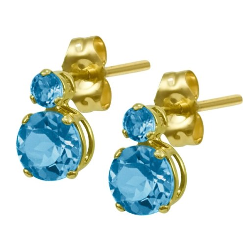 14k Yellow Gold Round Blue Topaz Earrings