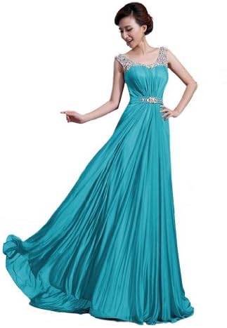 Dlfashion Women's Scoop Neck Sweep Train Beaded Chiffon Dress