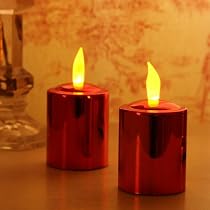Set of 2 Battery Red Plated Votive Candles Amber Flicker