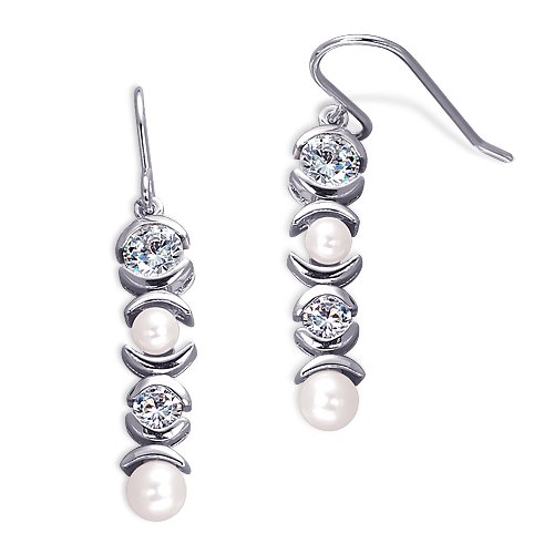 Delicate elegance Sterling Silver Dangle Style Earrings with Cultured Pearls and CZ Diamonds