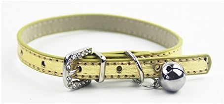 Gold Extra Small Metallic Leather Dog Puppy Cat Collars with Bell 8-11 Inches