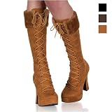 ELECTRA-2036 5" Chunky Heel Lace-Up Platform Knee-Hi Boot w/Fur Collar-Sizes 6-14