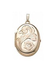 14K Gold Filled "4-Page Photo" Flower Oval Locket 1 inch x 1-1/4 inch