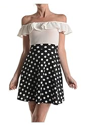 Off the Shoulder  Above the Knee Polka Dot Print Polyester Skater Dress  With Ruffles