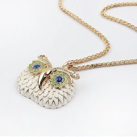 Simplifestyle Antique Vintage Retro Adorable Cute Golden Owl with Blue Rhinestone Eye Long Necklace Pendant For Sweaters Hoodies