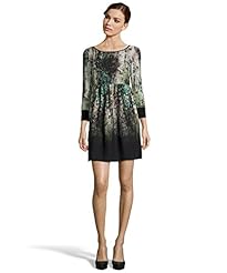 Sheer Cutout Bateau Neck Babydoll Natural   Waistline Flared-Skirt General Print Crepe  Dress