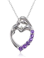 Sterling Silver, Diamond-Accent and Amethyst Child and Mother Heart Pendant Necklace, 18"