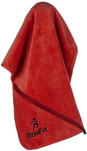 Gym Fitness Towel from RosFit - Great for Travel, Yoga, Outdoors, Running, Cycling, Working Out - Super Absorbent Microfiber - Includes Zipper Pocket and Built-In Hook. Easy to Pack Travel Towel!