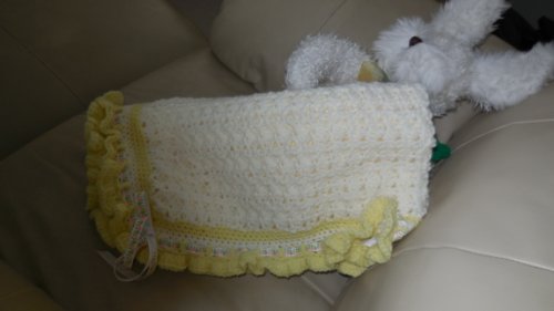 Handmade Aqua/variegated Ruffle Polka Floral Ribbon Trim Small Crochet Baby Afghan Blanket for Crib or Stroller picture