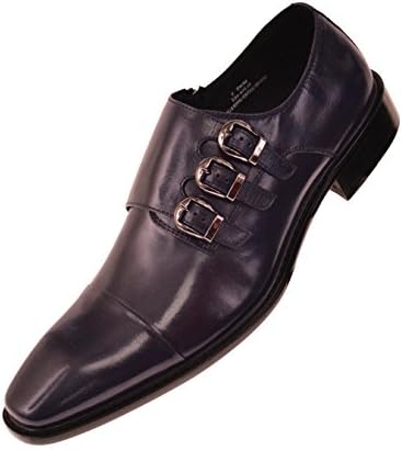 Steven Land Footwear Collection Mens Classic Navy Blue Genuine Leather Cap Toe Triple Monkstrap Dress Shoe with Side Zipper : Style SL308-002