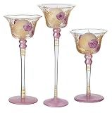 Filigree Lilac Hand Painted Glass Boxed Set 3 Tall Candle Holders