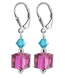 Made with Swarovski Elements® 10mm Fucshia Cube 4mm Turquoise Blue Crystal bicone Sterling Silver Leverback 1.5 Dangle Earrings