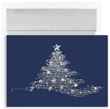 Silver Sparkle Tree On Blue Christmas Cards -