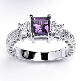 Absolutely Stunning Solid Sterling Silver Cubic Zirconia Rhodium Plated Ring with Square Amethyst Semi-Precious Center Stone