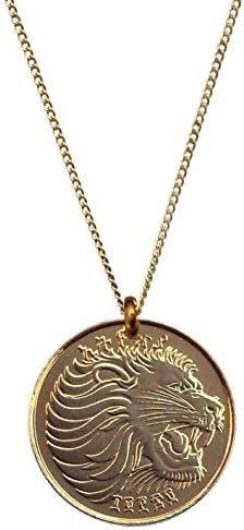 Ethiopian Roaring Lion Gold Plated Coin Necklace with Medium Curb Chain (30 Inches)