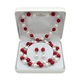 .925 Sterling Silver Freshwater Pearl White, Coral and Sterling Silver Beads Necklace, Bracelet and Earrings Set QSET-10367-AM