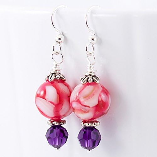 Strawberry Pink Drop Earrings With Purple Velvet Crystals, Surgical Steel Fish Hooks