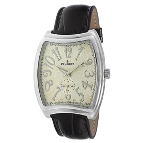 Peugeot Men's Silver-Tone Black Leather Strap Watch #288BK