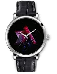 SPRAWL Aanalog Fashion Series Silver Ladies Watches of Genuine Black Leather Strap,Unique Wrist Watch for Women Girls Designed with Galaxy inside the star