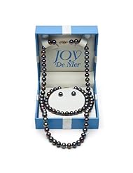 7-8mm, Black Freshwater Pearl Necklace, Bracelet and Earring Set with 14K Yellow Gold in Gift Box