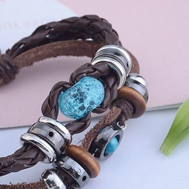 Handmade Vintage Multi Strand Blue Amber Bead Charm Leather Wrap Bracelet Adjustable Size for Women and Men