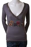 Sassy Stone Sequin V Neck Metallic Embellished Adornment Embroidered Floral Empire Waist Blouse Top Gray