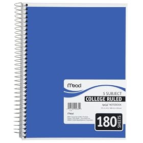 Mead Spiral Notebook, 5-Subject, 180-Count, College Ruled, Blue (72241)