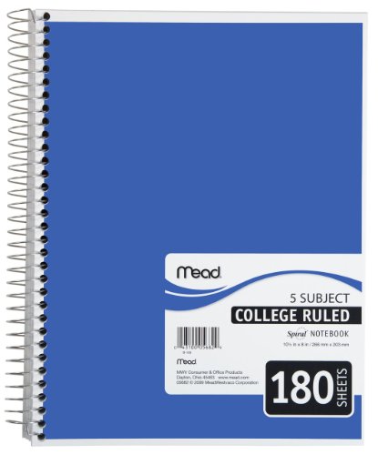 Mead Spiral Notebook, 5-Subject, 180-Count, College Ruled, Blue (72241) Mead Spiral Notebook, 5-Subject, 180-Count, College Ruled, Blue (72241)