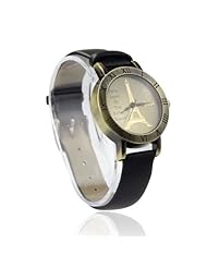 ZPS Elegant Womens Jewelry Eiffel Tower Leather Band Watchs Black