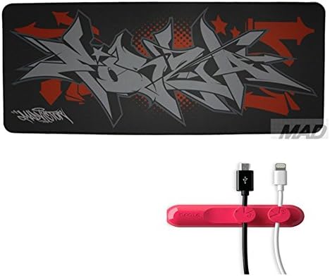 Professional Graffiti Large Mouse Pat Pack of Mouse Cord Holder, Computer Game Mouse Mat (30.71''W x 11.81H x 0.5TH) Wide Mousepad, Non-Slip Rubber Oblong MousePad, with Red Cable Clips (Black)
