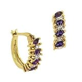 Vermeil (24k Gold over Sterling Silver) Genuine Amethyst Stone Marquise Cut Genuine Diamond Accent Hoop Earrings