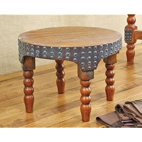 Click here to buy WOOD rustic ROUND FOOTSTOOL faux leather stool decor by Creative Co-op.