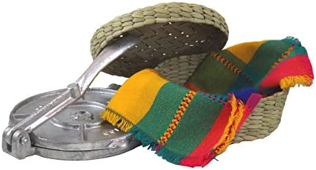 Bundle of 3 Items: Aluminum Tortilla Press, Hand Made Tule Basket Warmer and Multi Color Cotton Napkin