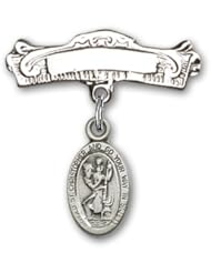Sterling Silver Baby Badge with St. Christopher Charm and Arched Polished Badge Pin