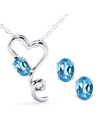 2.15 Ct Oval Swiss Blue Topaz 14K White Gold Pendant Earrings Set