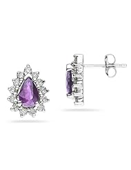 6X4mm Pear Shaped Amethyst and Diamond Flower Earrings in 14k White Gold