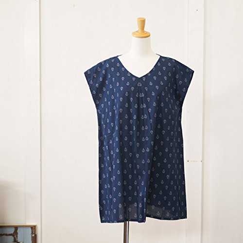 (ローラメーム) Loura meme 小紋柄Vネックフレンチスリーブチュニック M ネイビー