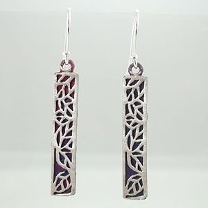 Long Dangle Leaf Design Rectangular Earrings in Sterling Silver with Patina Finish, #8946