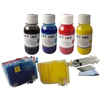 4 Pack ND TM Brand Dinsink Compatible refillable ink cartridge for Epson 126 T126 T126120, T126220, T126320, T126420: Workforce WF-7010, Workforce WF-7510, Workforce WF-7520, Workforce 60 + 4 botltles pigment refill ink +4 syringes and detail refill instruction. The item with ND Logo!