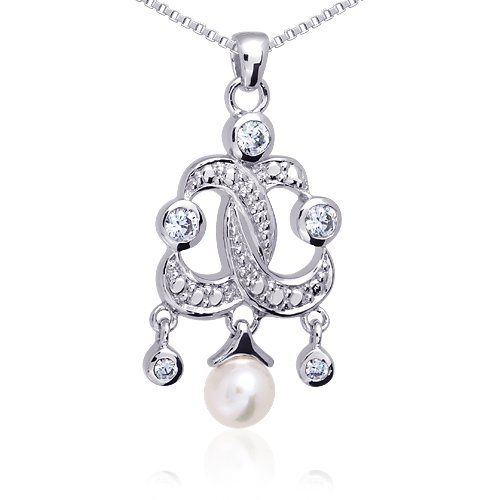 Aristocratic and Elegant: Sterling Silver entwined Fleur de lis Style Chandelier Pendant with White Cultured Pearls and CZ Diamond