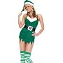 Sexy Claus Christmas Green Elf Costume Outfit Santa's Helper Dress Hat Striped Stockings White Trim