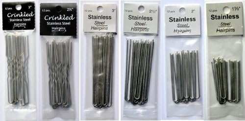 6 Pack Crinkled and Straight Stainless Steel Snagless Amish Made Hair Pins