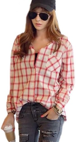 Superbaby Women Junior Loose Checkered Buttons Long Sleeve Shirt Blouse