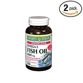 Nature's Bounty Omega 3 Fish Oil Softgels, Odorless, 1000 mg, 100-Count Bottles (Pack of 2)