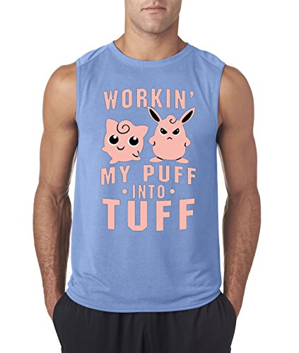 allwitty 1020 - Men's Sleeveless Workin My Puff Into Tuff Jigglypuff Wigglytuff Pokemon Gym Training Workout Large Carolina Blue